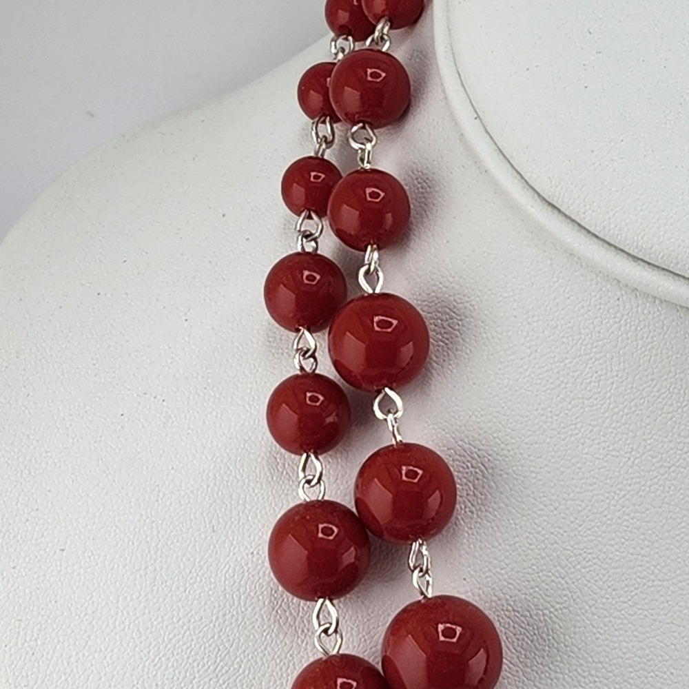 Red Graduated Double Strand Layered Necklace - Picture 4 of 6